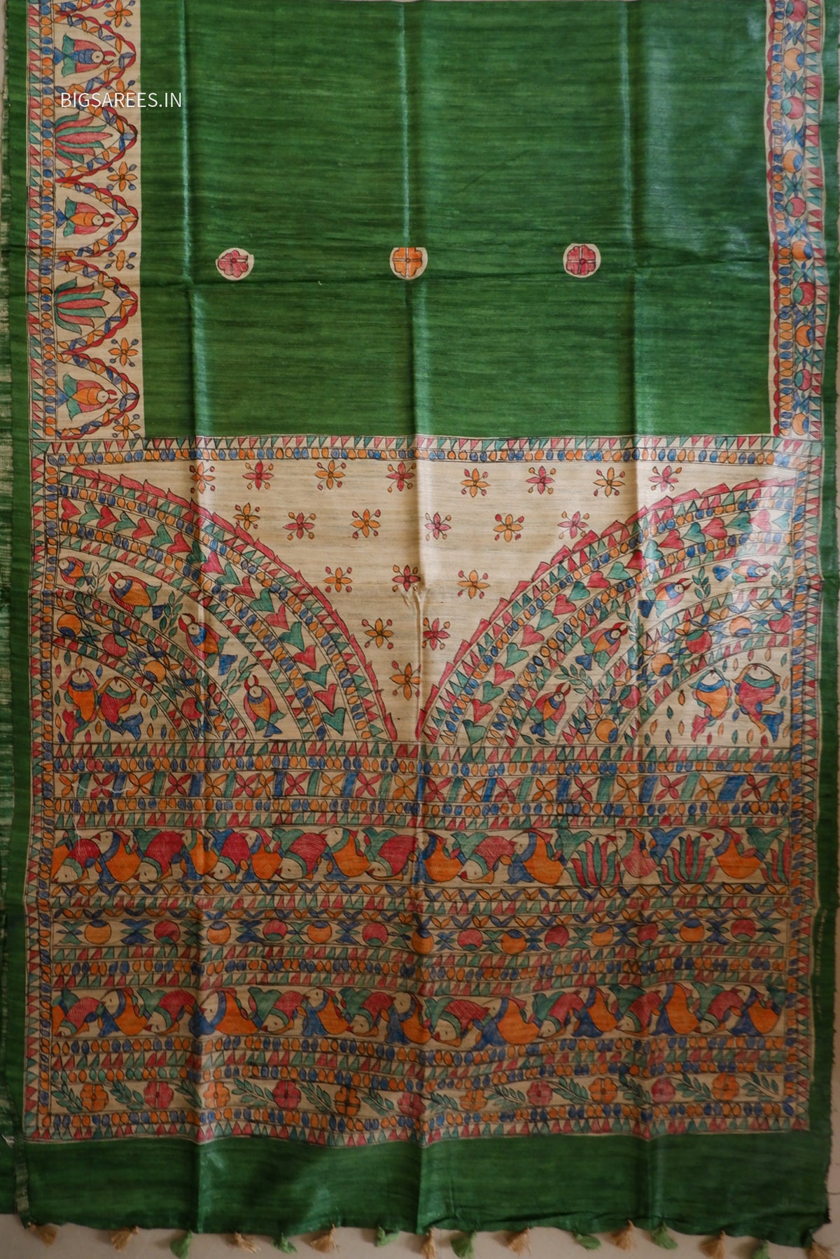 Handcrafted Madhubani Saree | Pure Tussar Ghicha Silk | Silk Mark Certified | Green