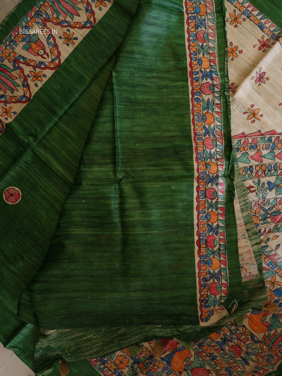 Handcrafted Madhubani Saree | Pure Tussar Ghicha Silk | Silk Mark Certified | Green