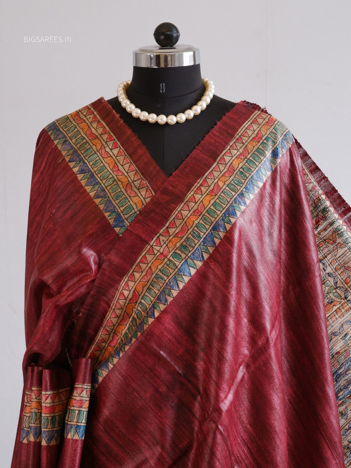 Handcrafted Madhubani Saree | Pure Tussar Ghicha Silk | Silk Mark Certified | Dark Maroon