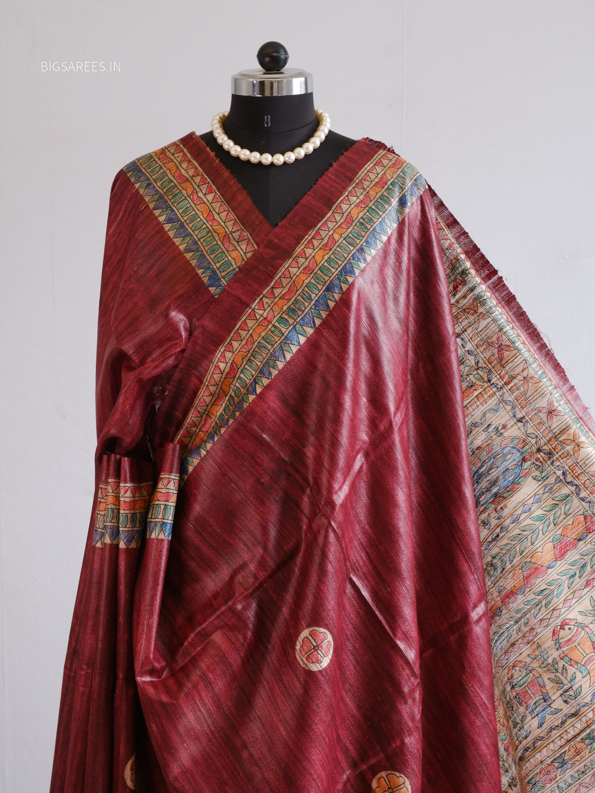 Handcrafted Madhubani Saree | Pure Tussar Ghicha Silk | Silk Mark Certified | Dark Maroon