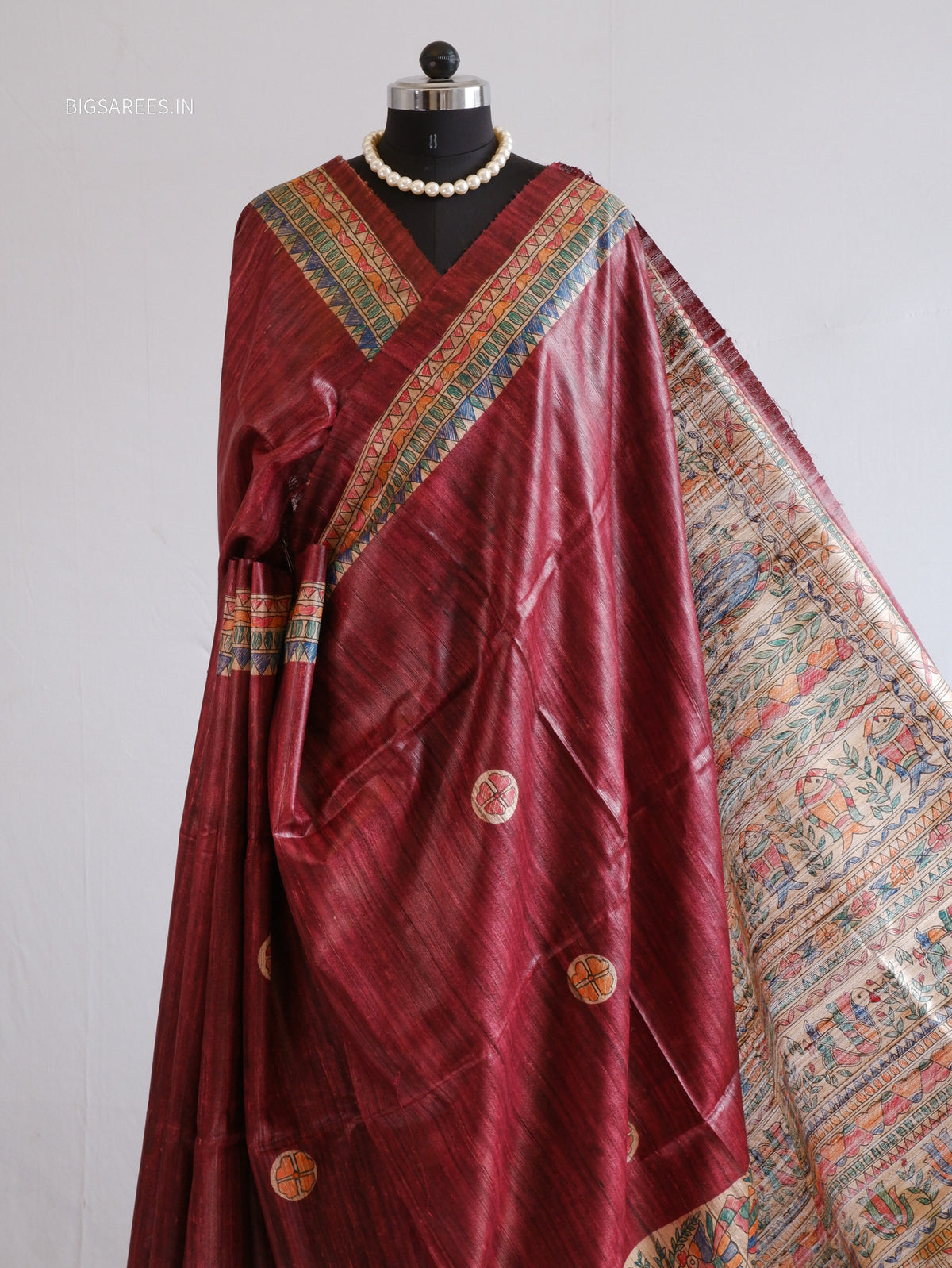 Handcrafted Madhubani Saree | Pure Tussar Ghicha Silk | Silk Mark Certified | Dark Maroon