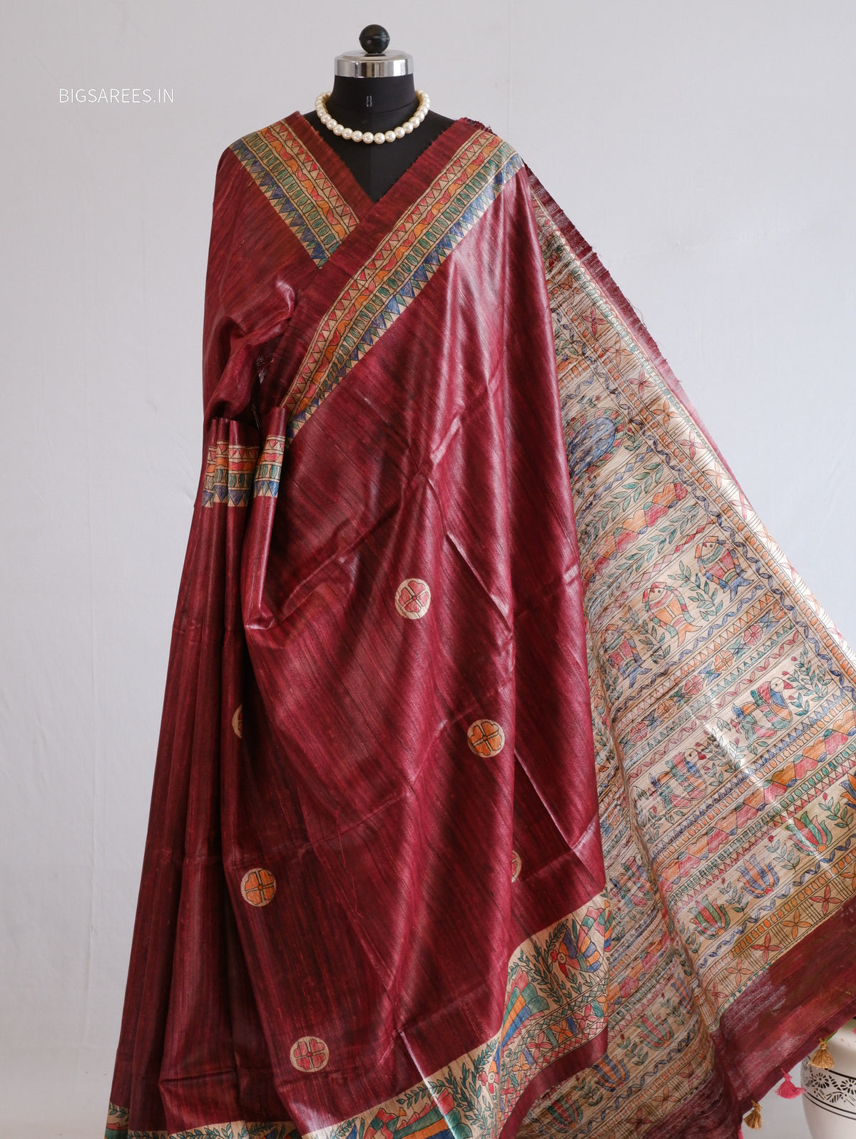 Handcrafted Madhubani Saree | Pure Tussar Ghicha Silk | Silk Mark Certified | Dark Maroon