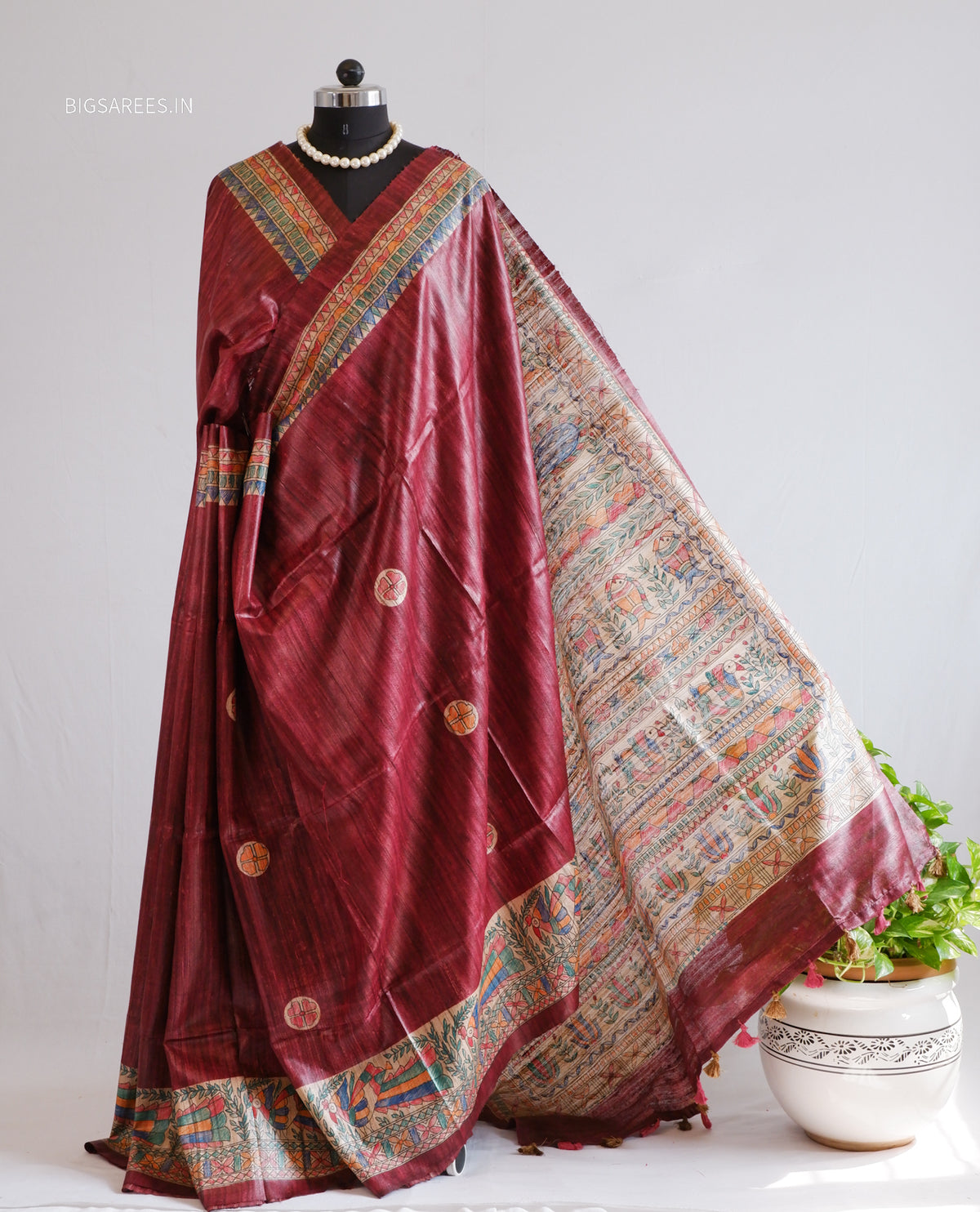 Handcrafted Madhubani Saree | Pure Tussar Ghicha Silk | Silk Mark Certified | Dark Maroon