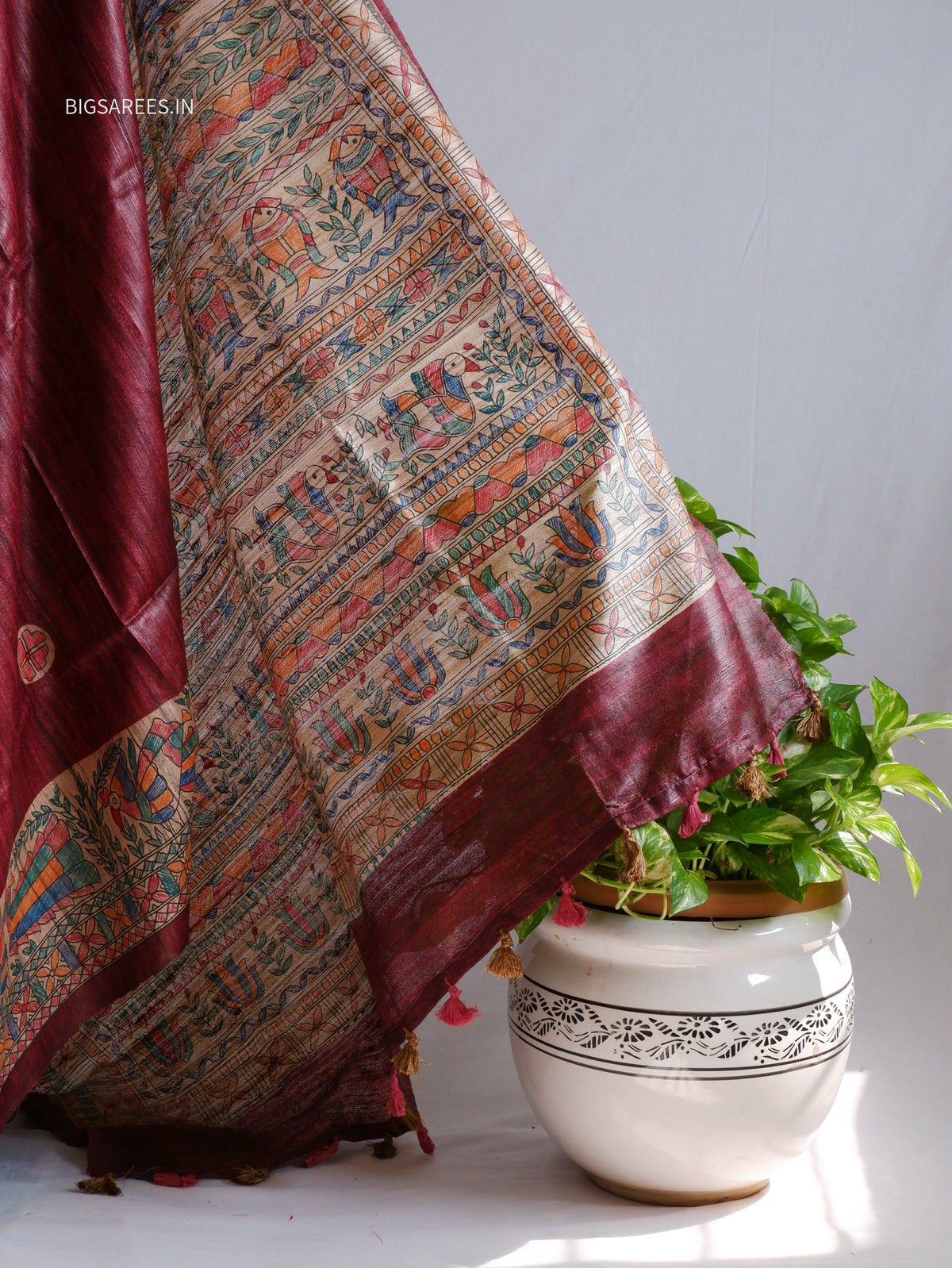 Handcrafted Madhubani Saree | Pure Tussar Ghicha Silk | Silk Mark Certified | Dark Maroon