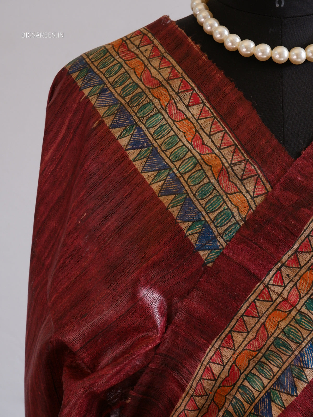 Handcrafted Madhubani Saree | Pure Tussar Ghicha Silk | Silk Mark Certified | Dark Maroon