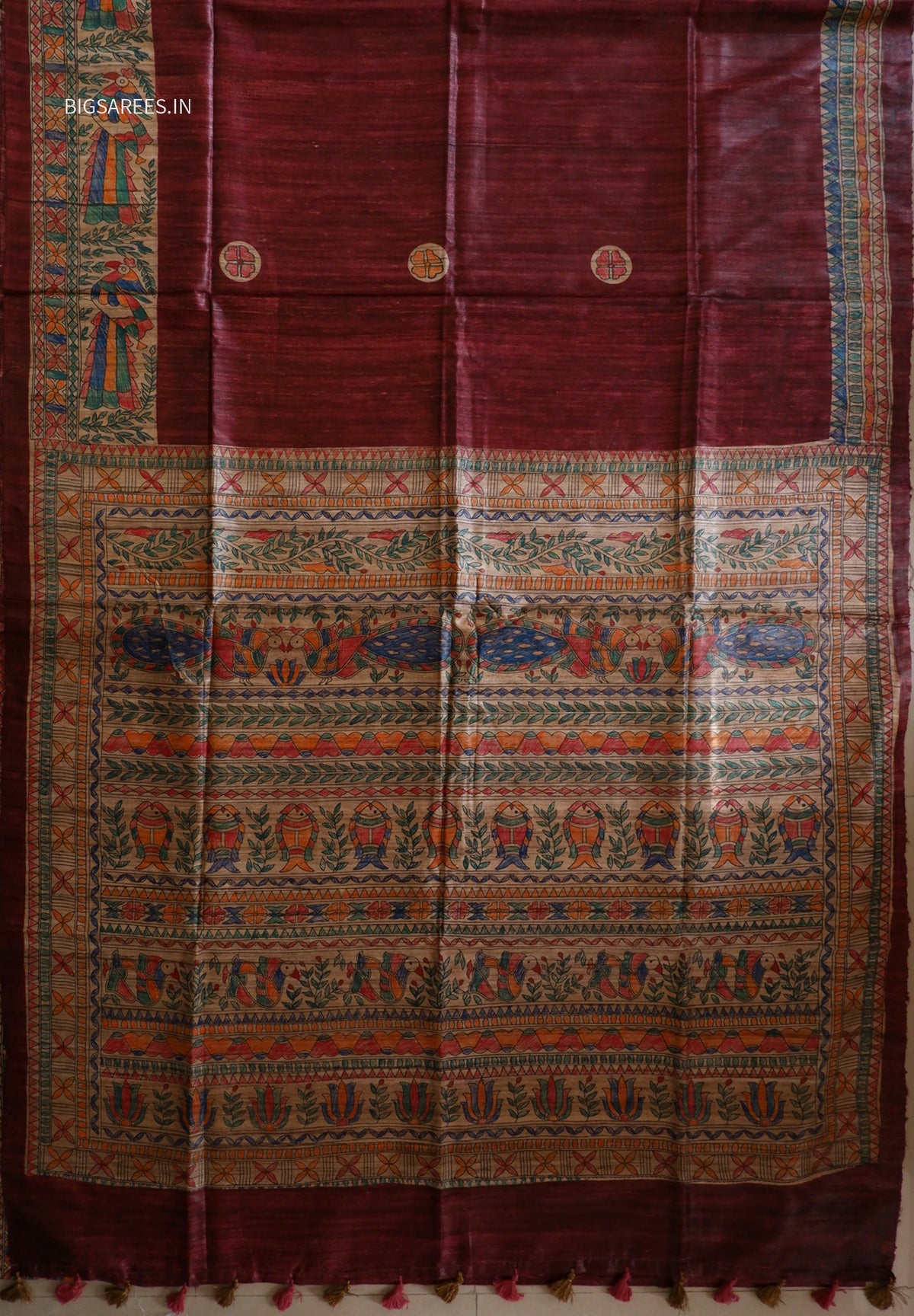 Handcrafted Madhubani Saree | Pure Tussar Ghicha Silk | Silk Mark Certified | Dark Maroon