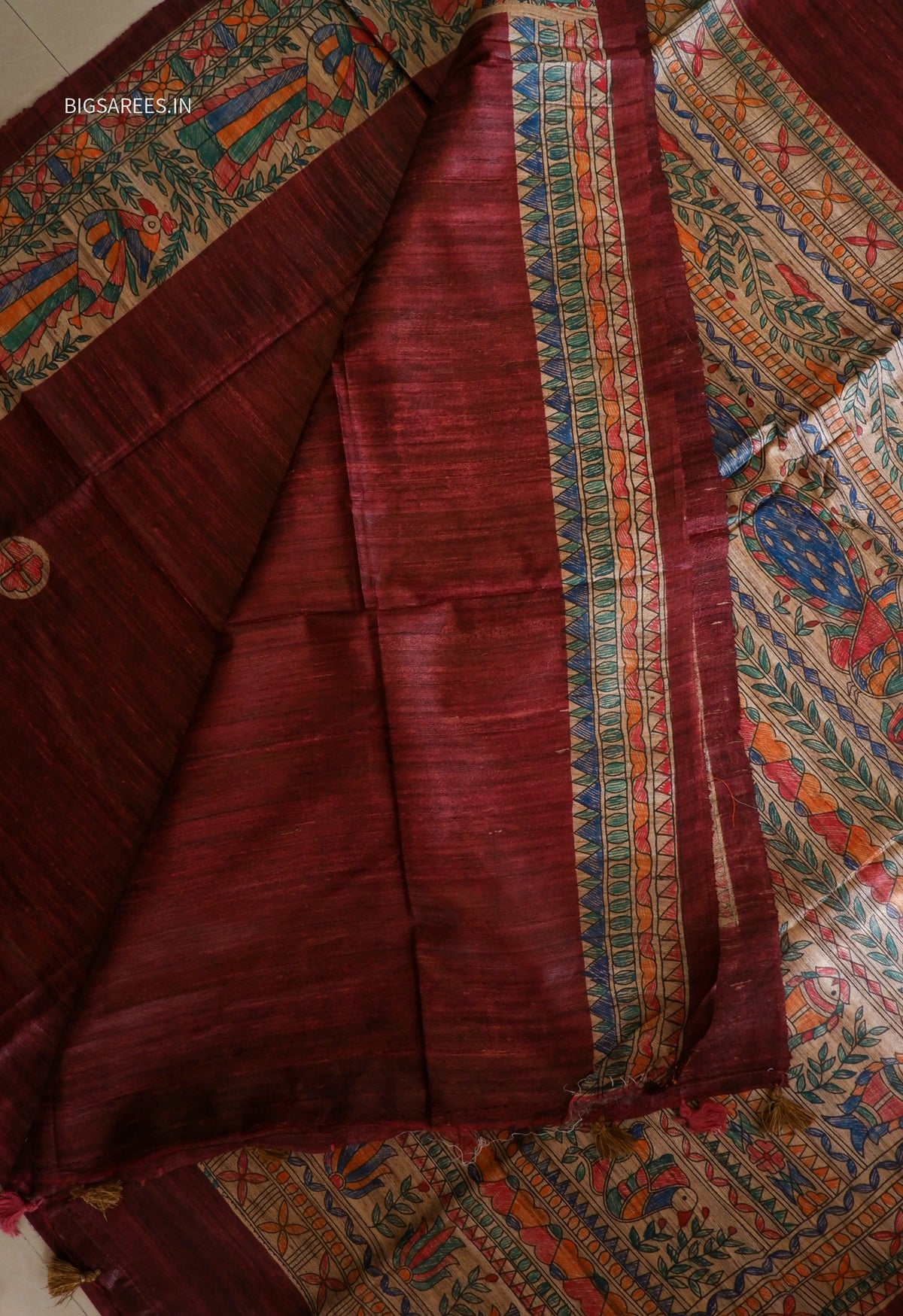 Handcrafted Madhubani Saree | Pure Tussar Ghicha Silk | Silk Mark Certified | Dark Maroon