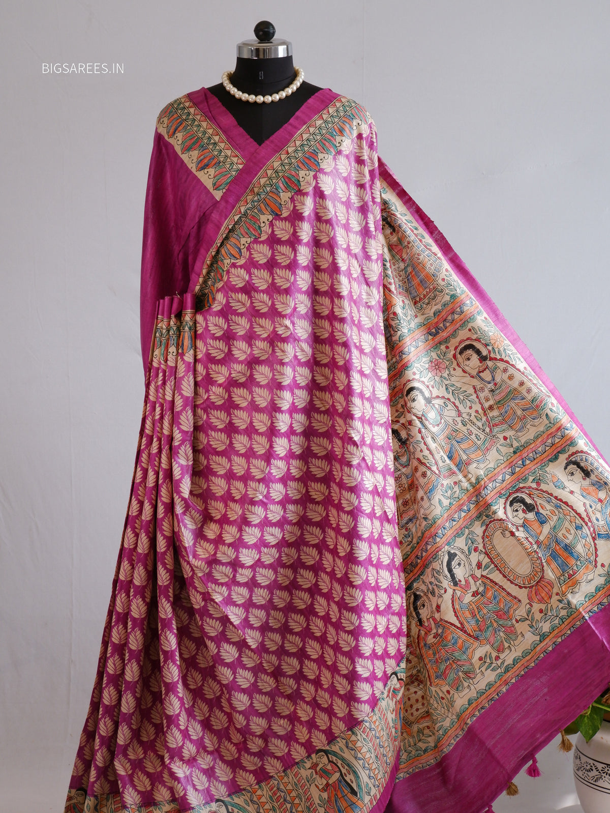 Handcrafted Madhubani Saree | Pure Tussar Ghicha Silk | Silk Mark Certified | Violet