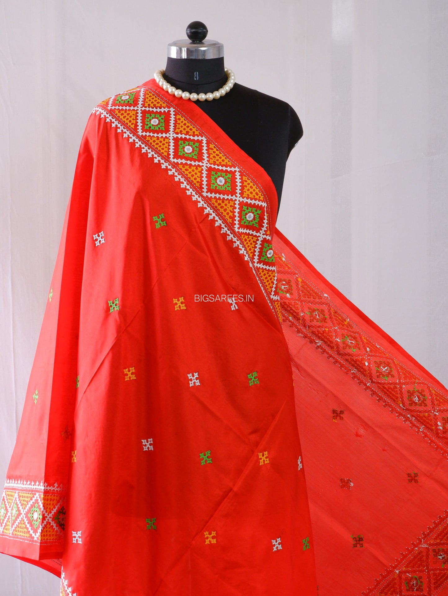 Kutchi Work Dupatta | Blended Bangalore Silk | Foil Mirror | Red