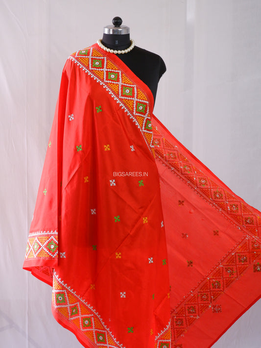 Kutchi Work Dupatta | Blended Bangalore Silk | Foil Mirror | Red