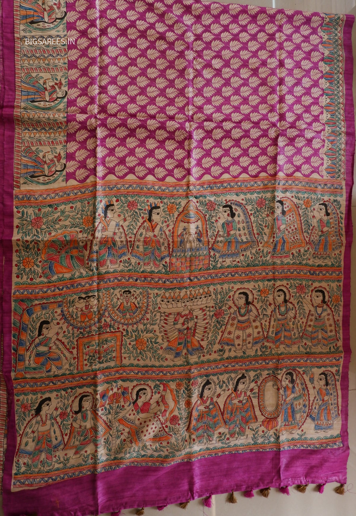 Handcrafted Madhubani Saree | Pure Tussar Ghicha Silk | Silk Mark Certified | Violet