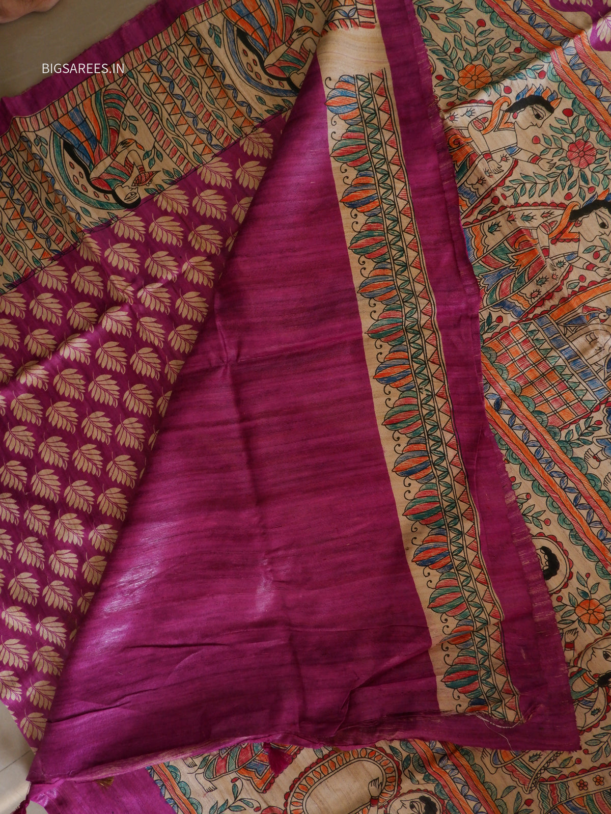 Handcrafted Madhubani Saree | Pure Tussar Ghicha Silk | Silk Mark Certified | Violet