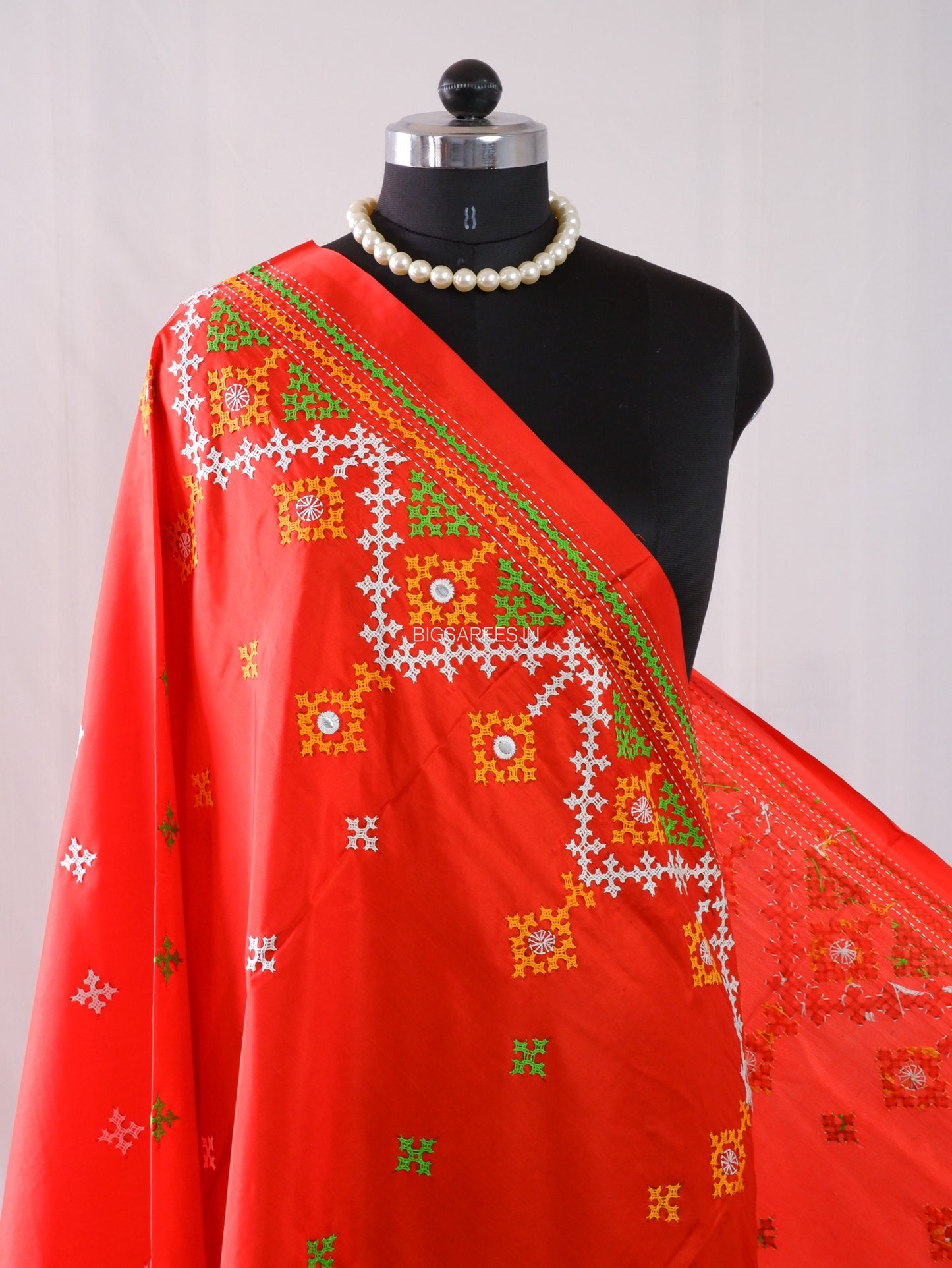 Kutchi Work Dupatta | Blended Bangalore Silk | Foil Mirror | Red