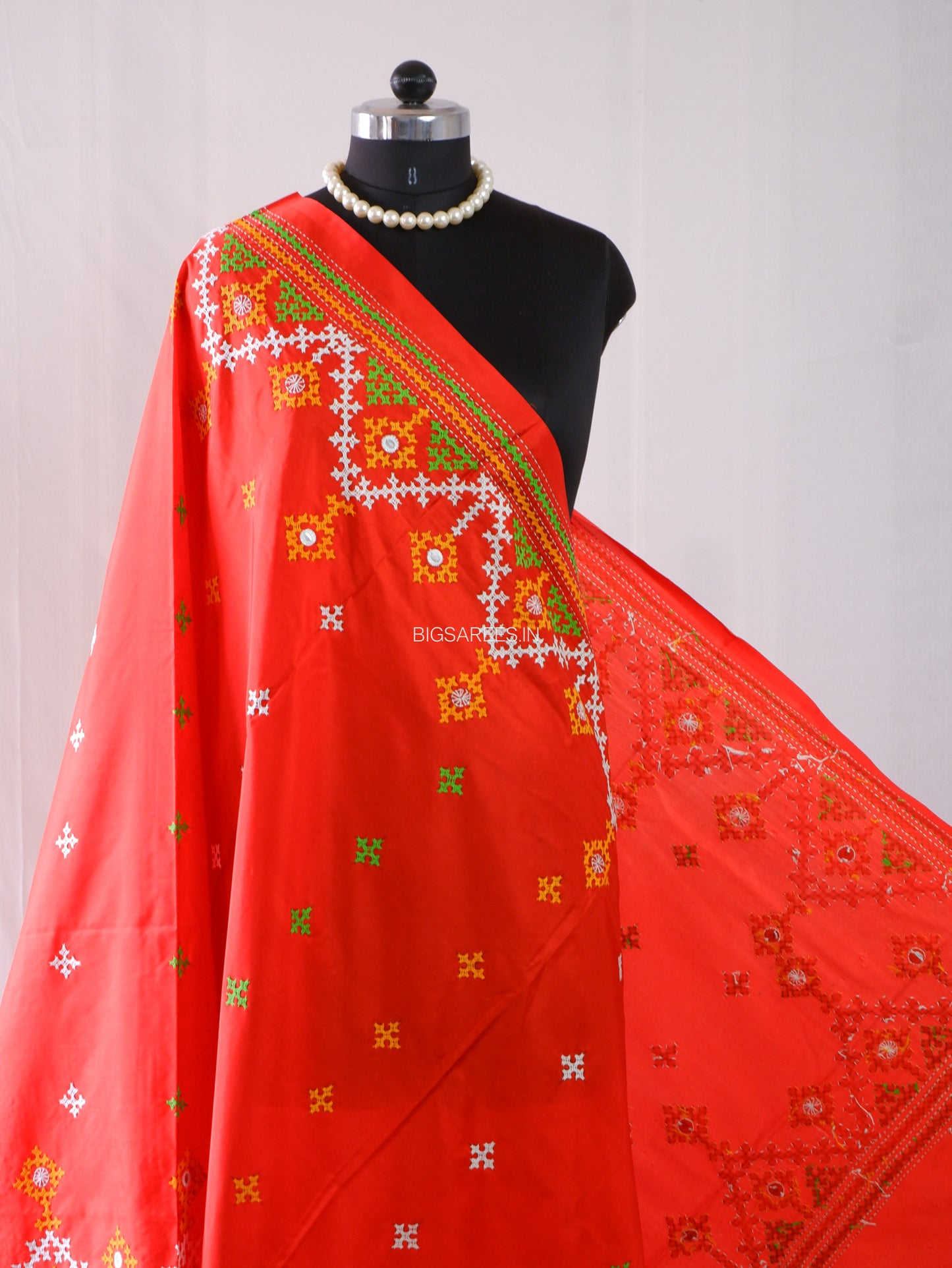 Kutchi Work Dupatta | Blended Bangalore Silk | Foil Mirror | Red
