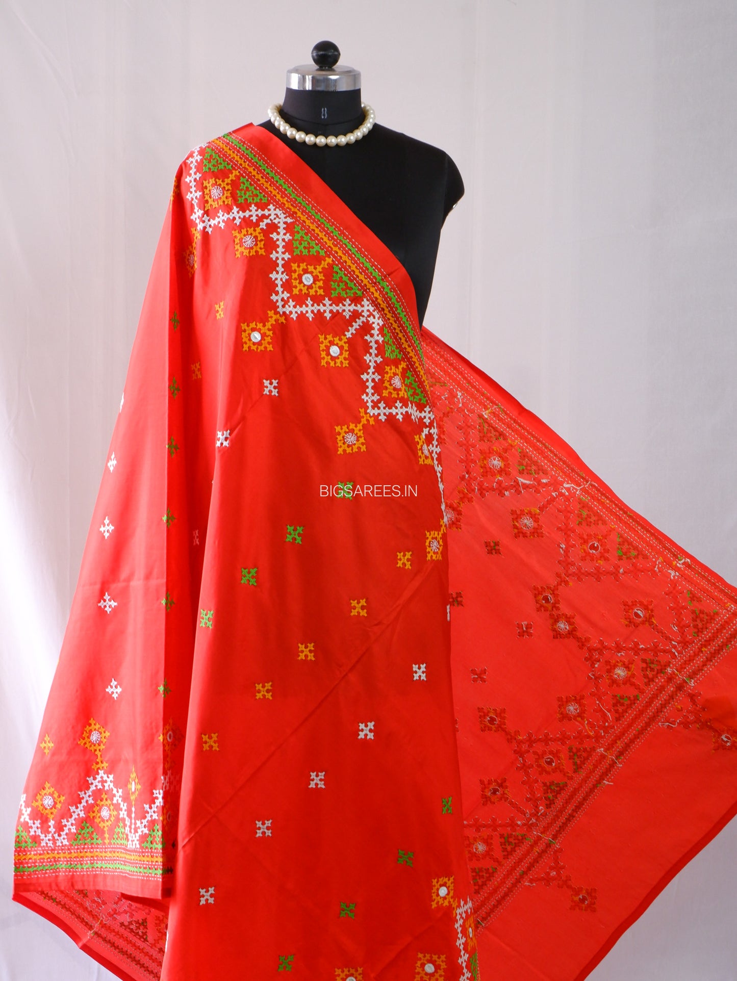 Kutchi Work Dupatta | Blended Bangalore Silk | Foil Mirror | Red