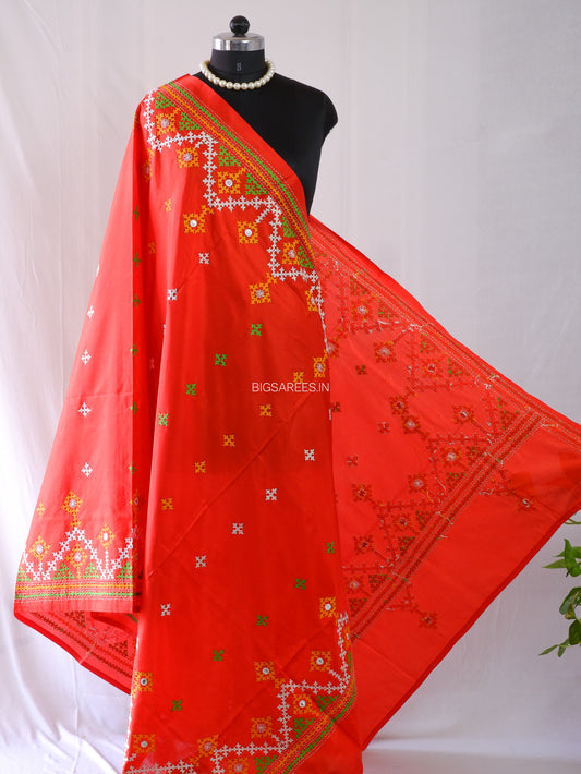 Kutchi Work Dupatta | Blended Bangalore Silk | Foil Mirror | Red
