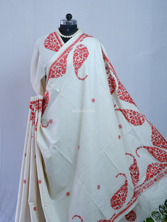 Kantha Hand-Embroidered Saree | Pure Khadi Cotton | White