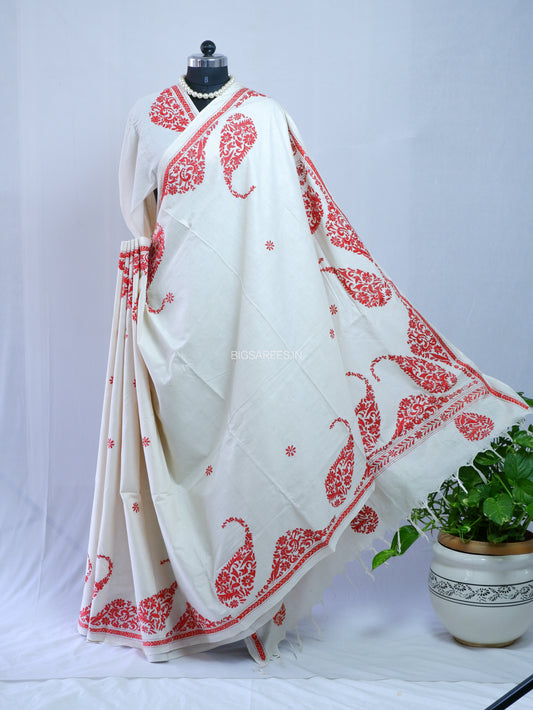 Kantha Hand-Embroidered Saree | Pure Khadi Cotton | White