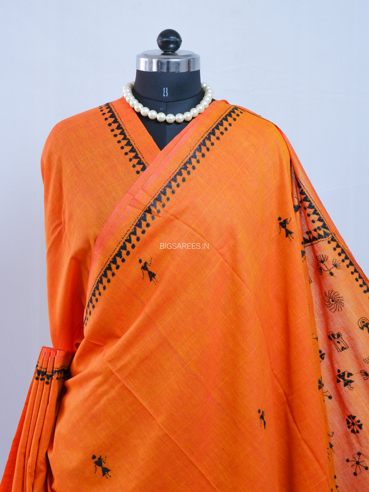 Kantha Hand-Embroidered Saree | Pure Khadi Cotton | Orange