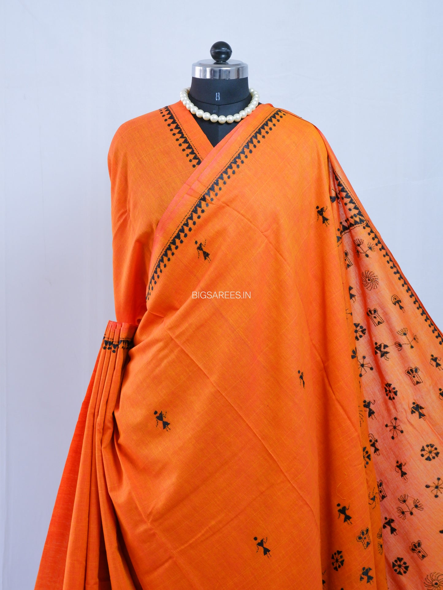 Kantha Hand-Embroidered Saree | Pure Khadi Cotton | Orange