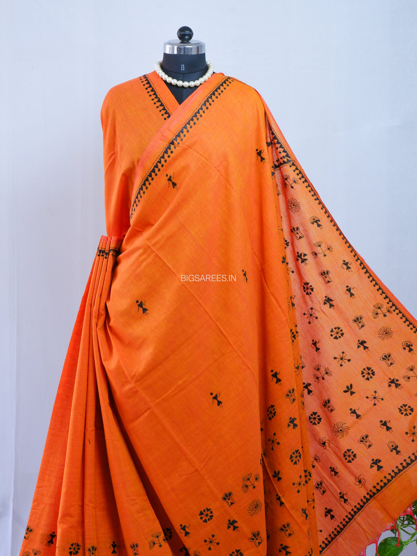 Kantha Hand-Embroidered Saree | Pure Khadi Cotton | Orange