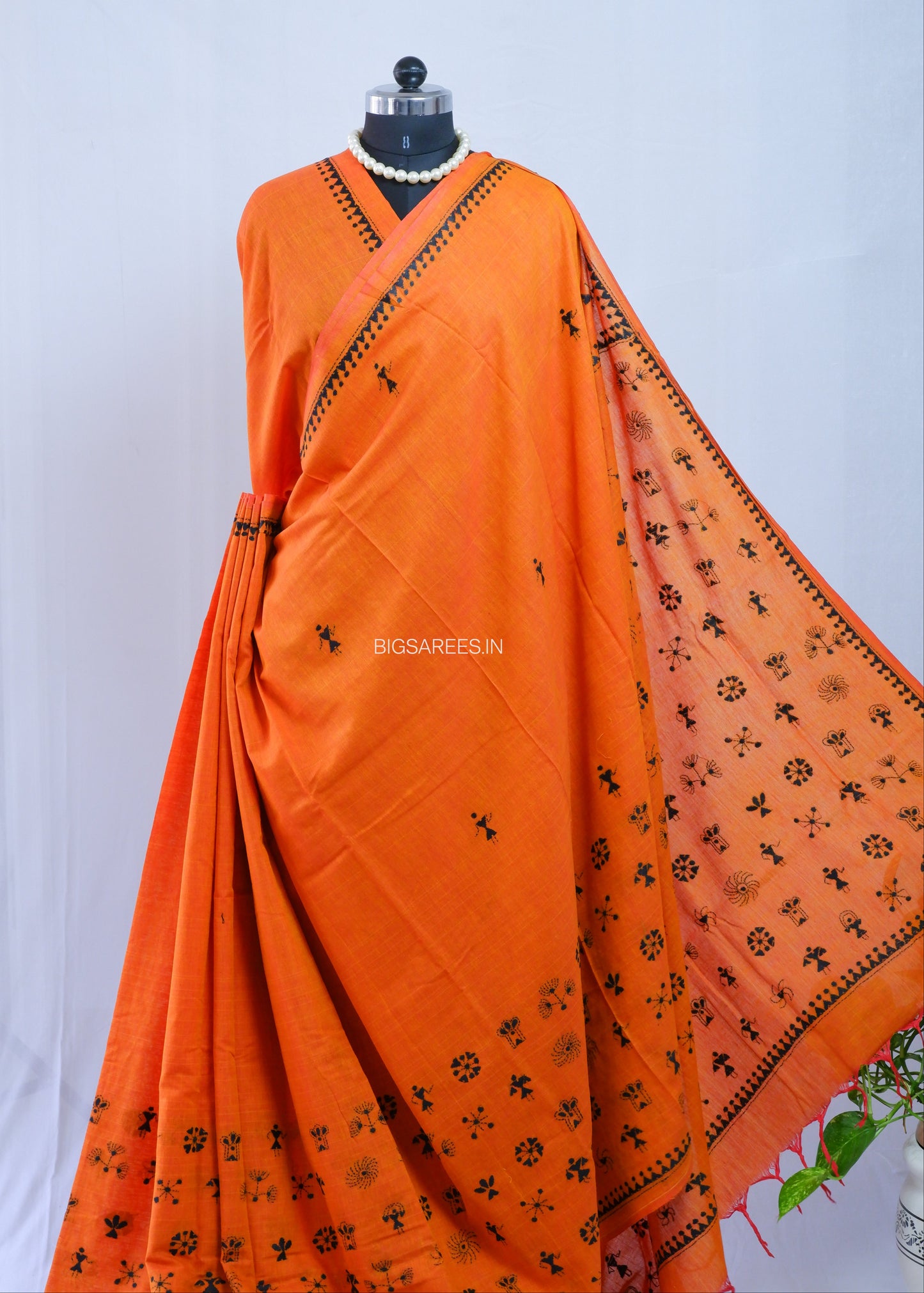 Kantha Hand-Embroidered Saree | Pure Khadi Cotton | Orange