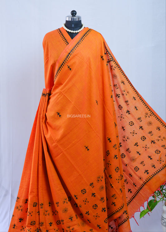Kantha Hand-Embroidered Saree | Pure Khadi Cotton | Orange