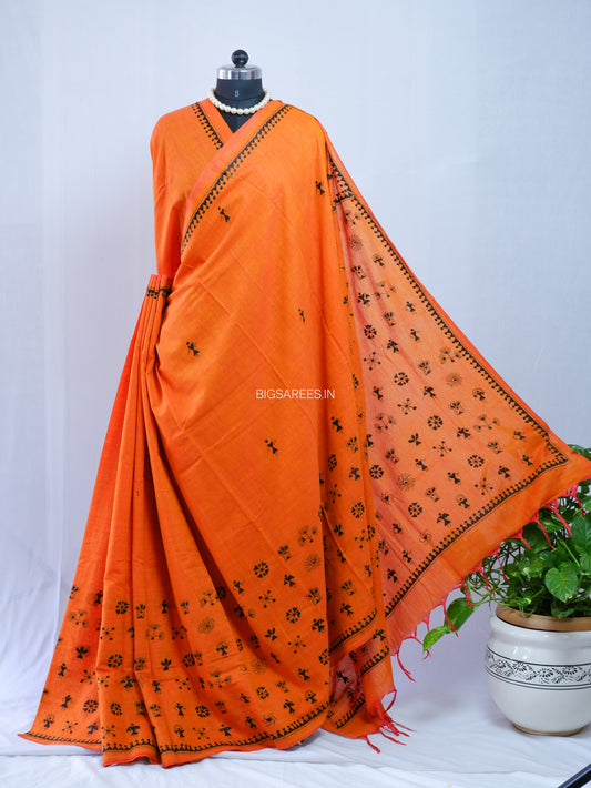 Kantha Hand-Embroidered Saree | Pure Khadi Cotton | Orange
