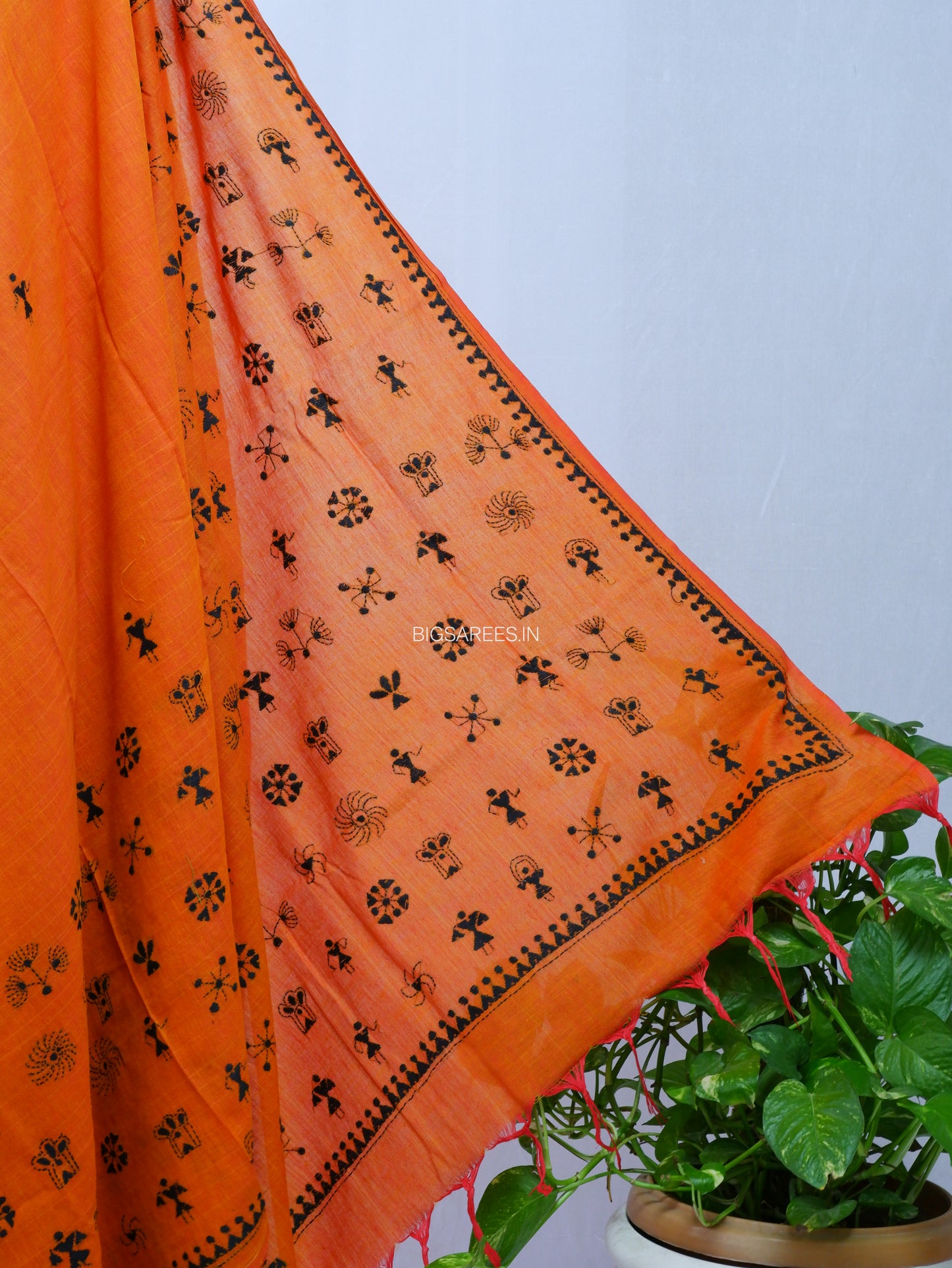 Kantha Hand-Embroidered Saree | Pure Khadi Cotton | Orange
