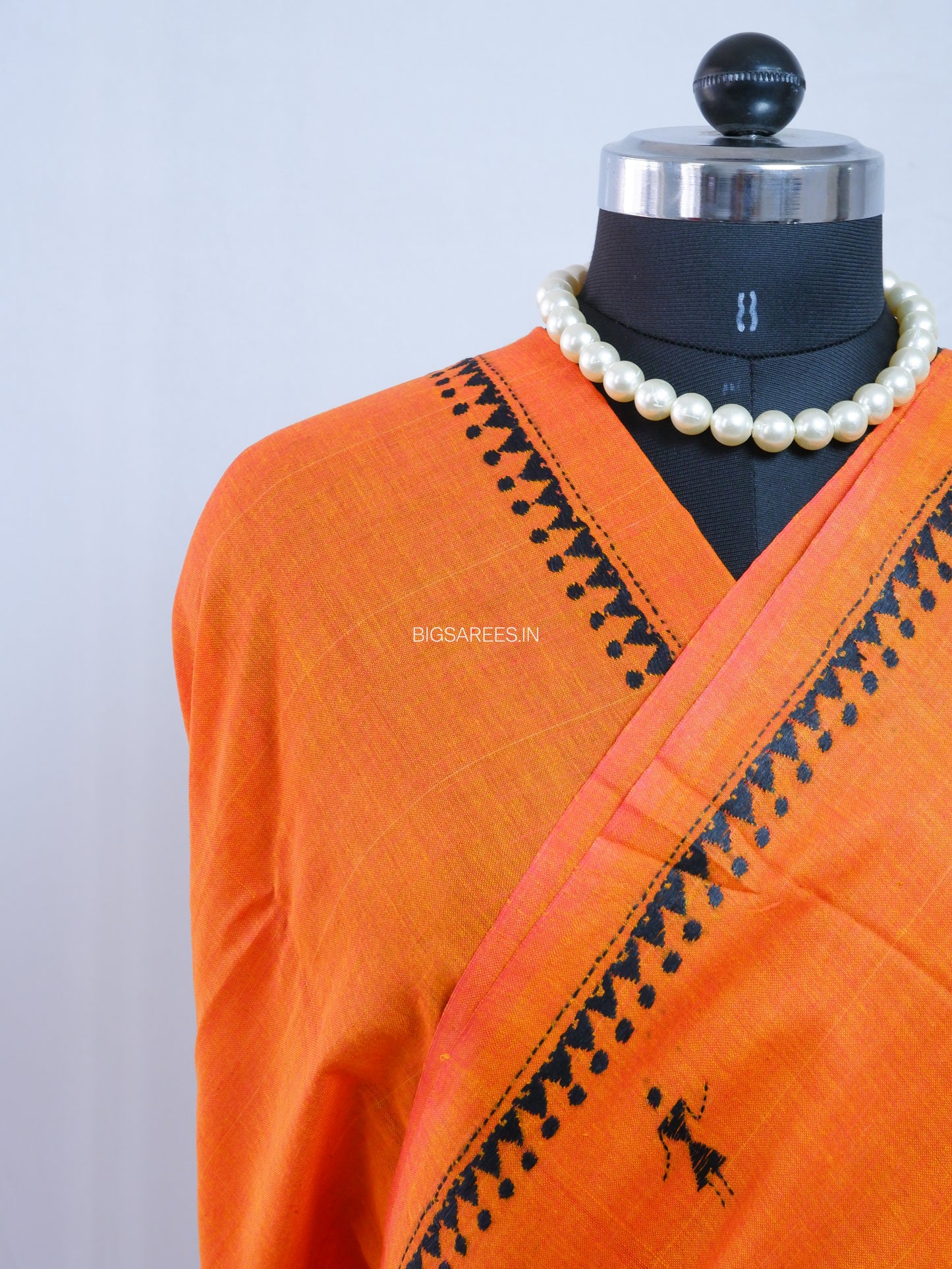 Kantha Hand-Embroidered Saree | Pure Khadi Cotton | Orange