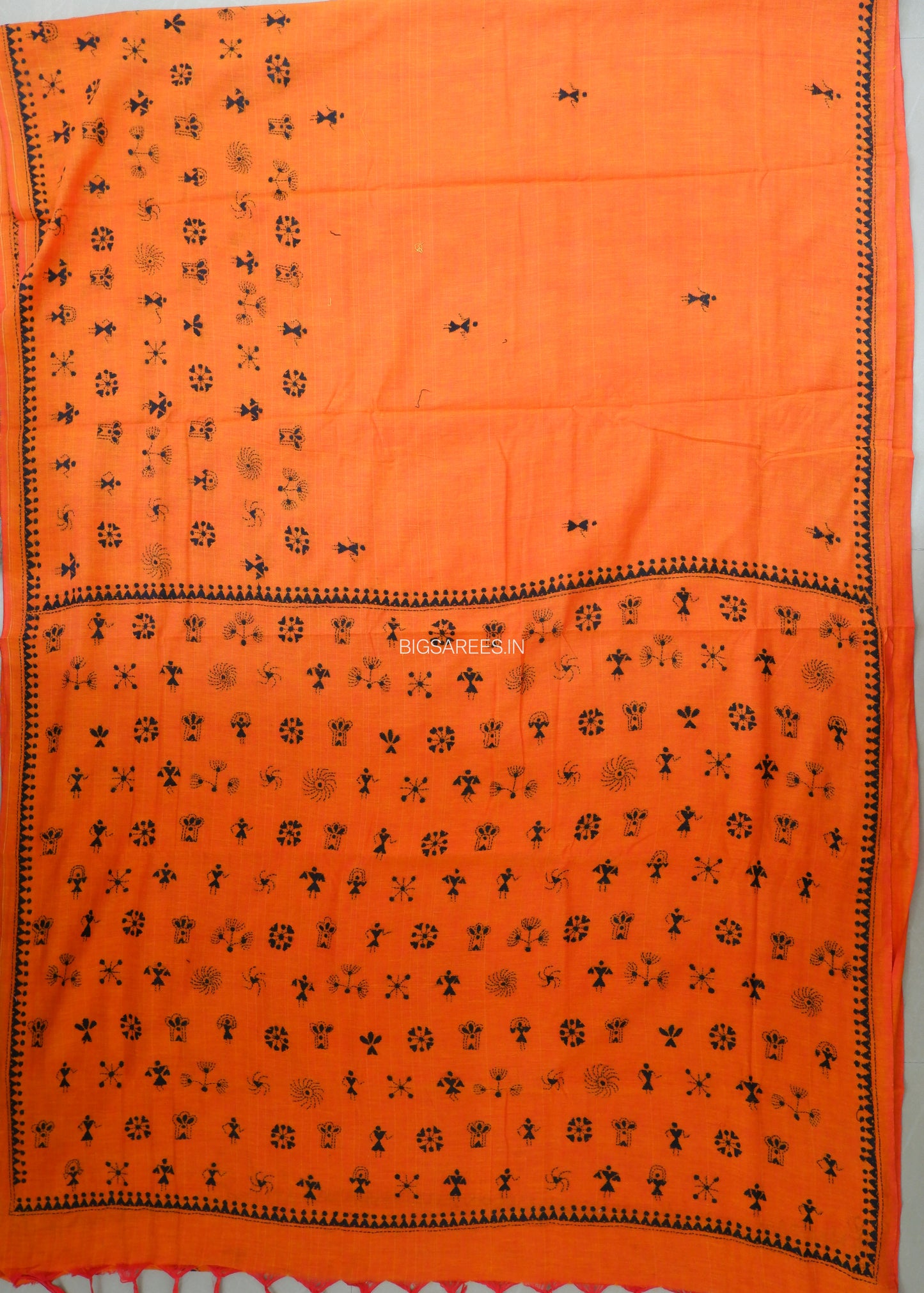 Kantha Hand-Embroidered Saree | Pure Khadi Cotton | Orange