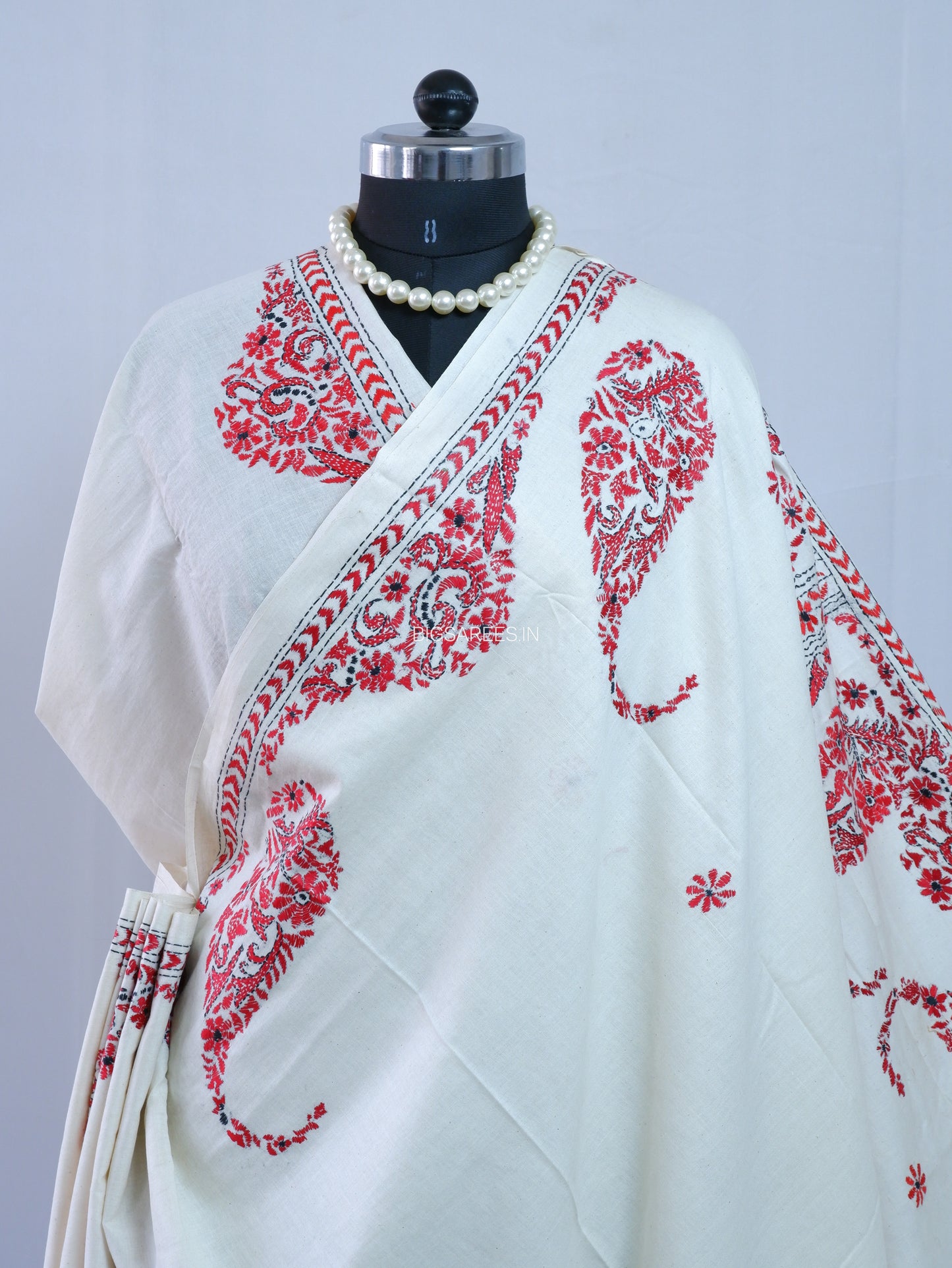 Kantha Hand-Embroidered Saree | Pure Khadi Cotton | White