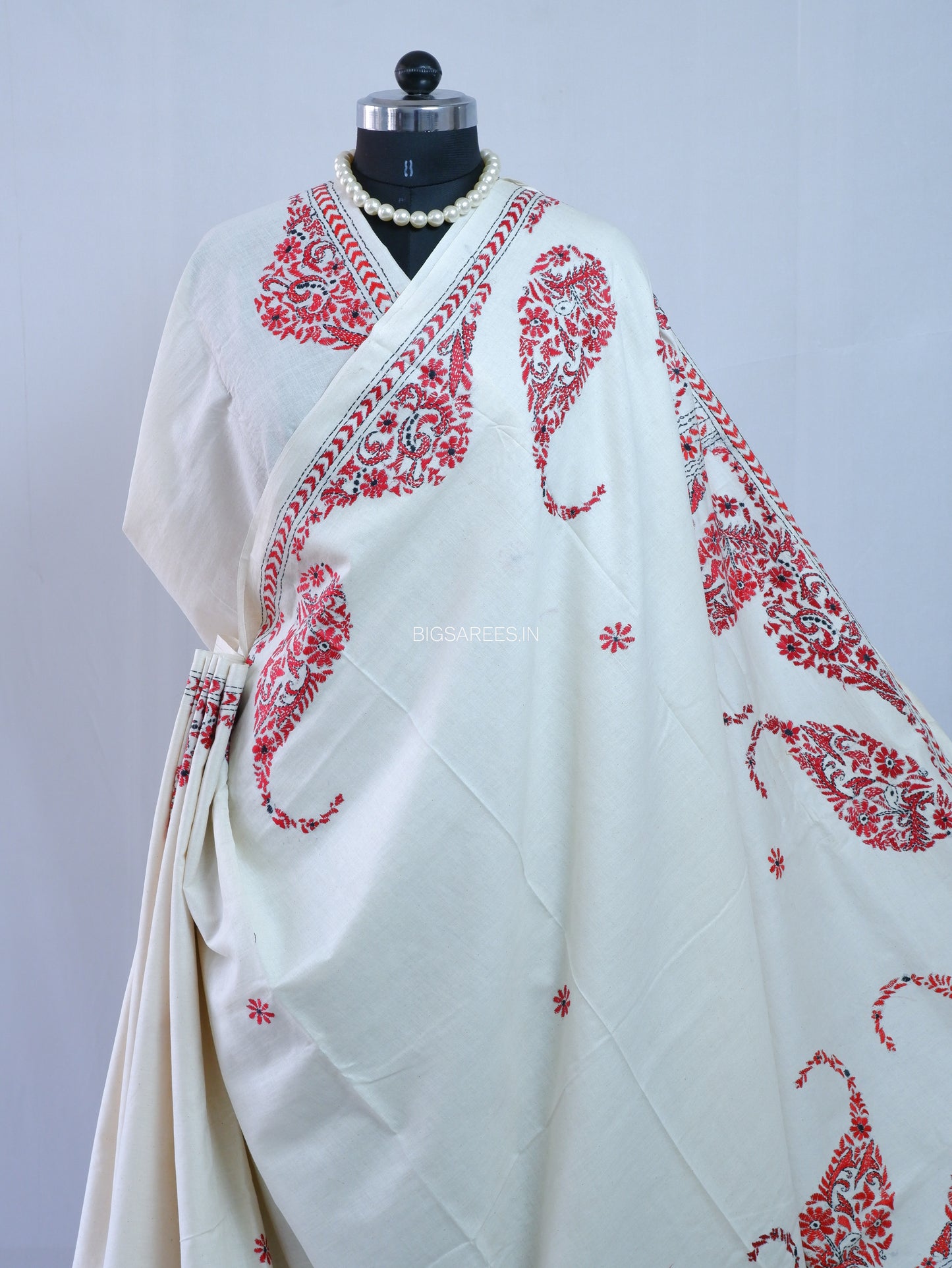 Kantha Hand-Embroidered Saree | Pure Khadi Cotton | White