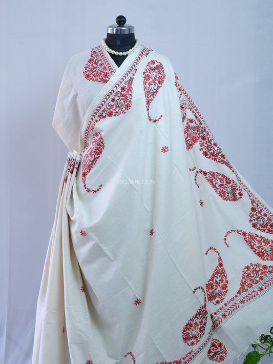 Kantha Hand-Embroidered Saree | Pure Khadi Cotton | White