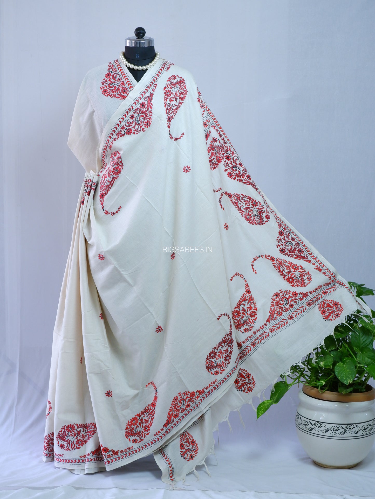Kantha Hand-Embroidered Saree | Pure Khadi Cotton | White