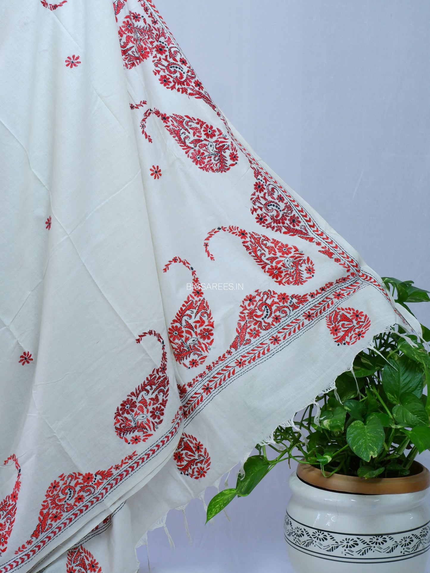 Kantha Hand-Embroidered Saree | Pure Khadi Cotton | White