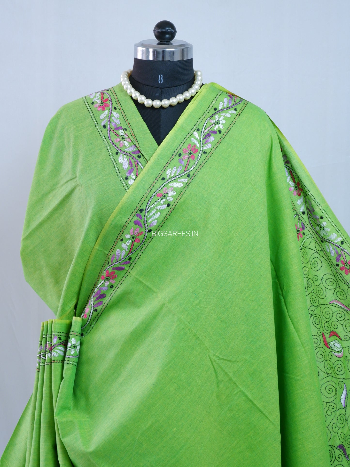 Kantha Hand-Embroidered Saree | Pure Khadi Cotton | Parrot Green