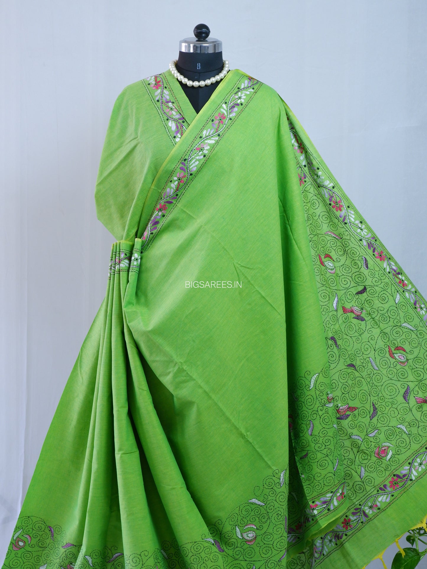 Kantha Hand-Embroidered Saree | Pure Khadi Cotton | Parrot Green