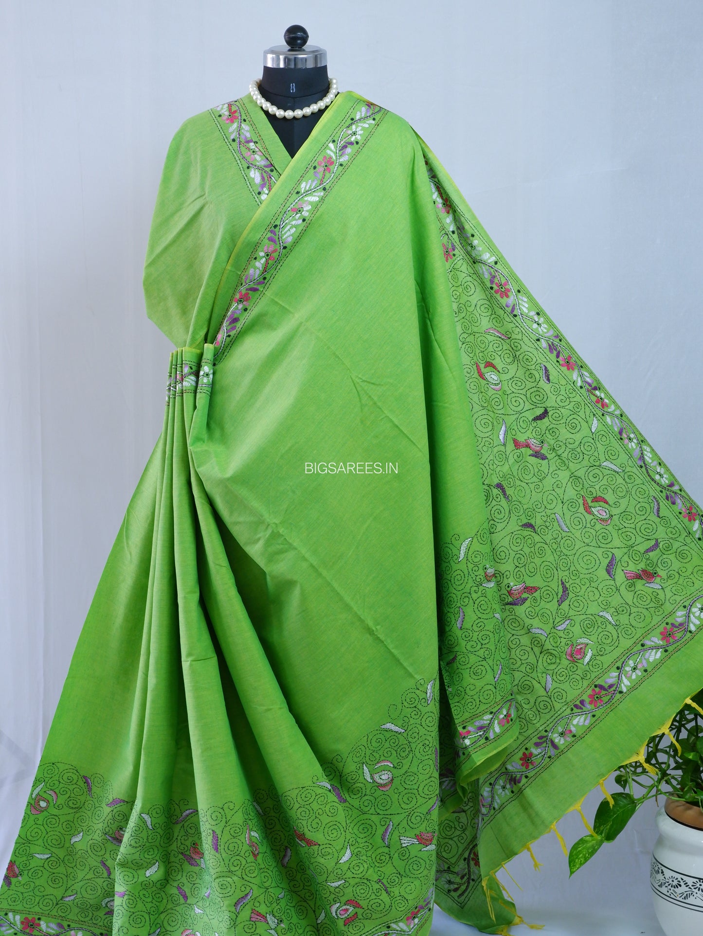 Kantha Hand-Embroidered Saree | Pure Khadi Cotton | Parrot Green