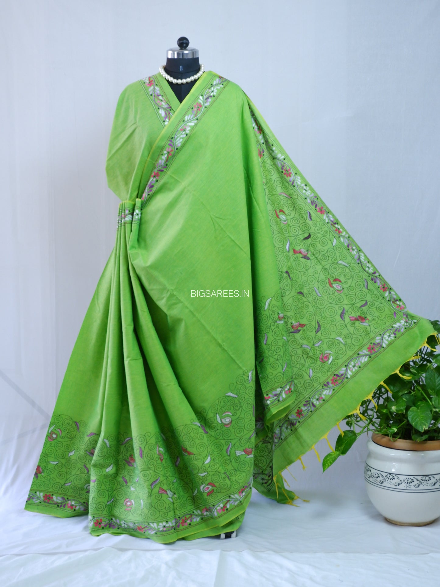 Kantha Hand-Embroidered Saree | Pure Khadi Cotton | Parrot Green