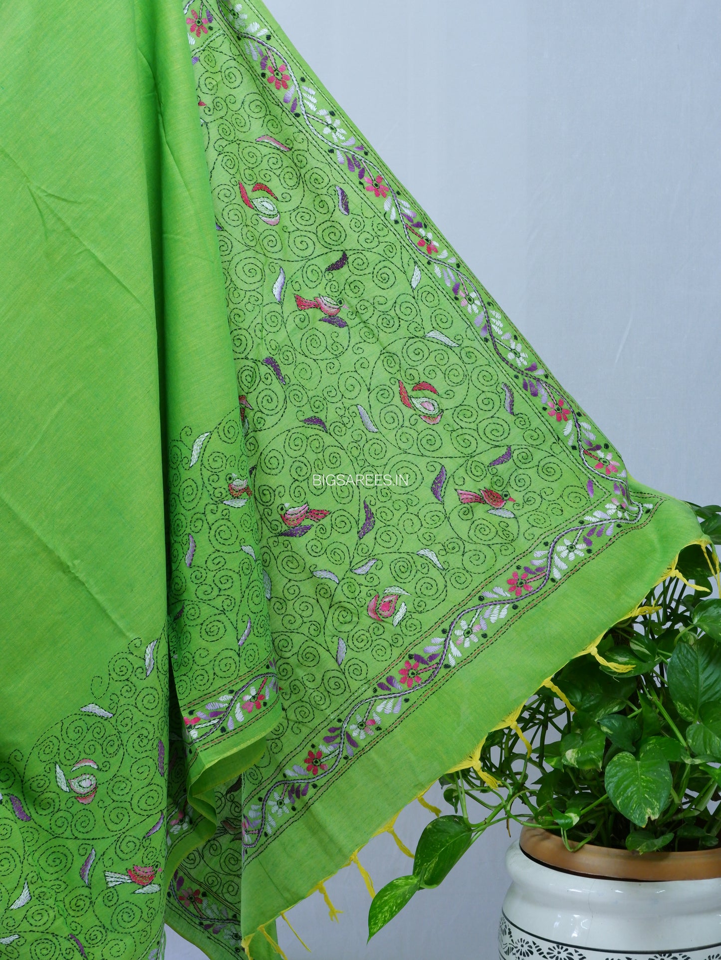 Kantha Hand-Embroidered Saree | Pure Khadi Cotton | Parrot Green