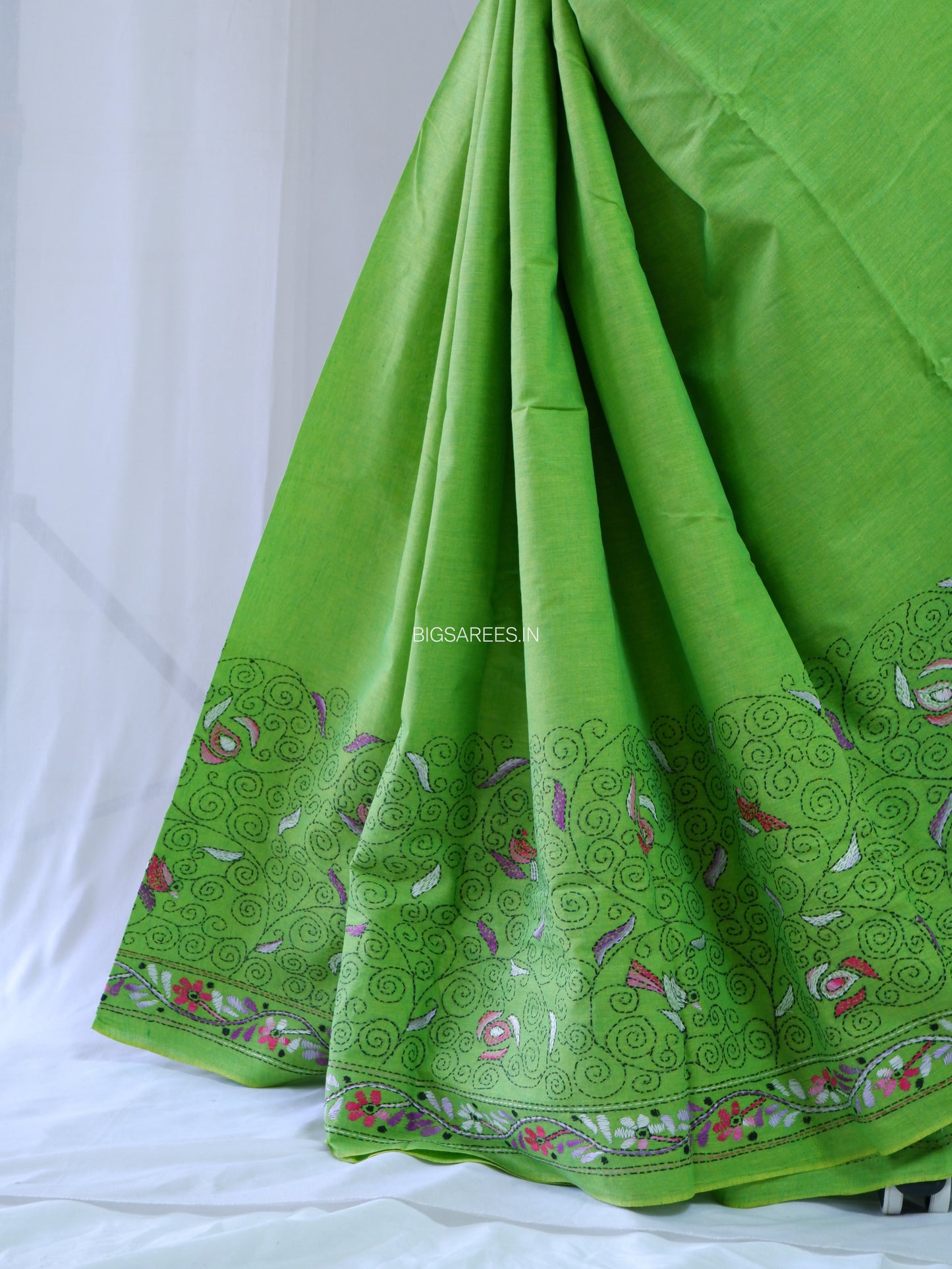 Kantha Hand-Embroidered Saree | Pure Khadi Cotton | Parrot Green