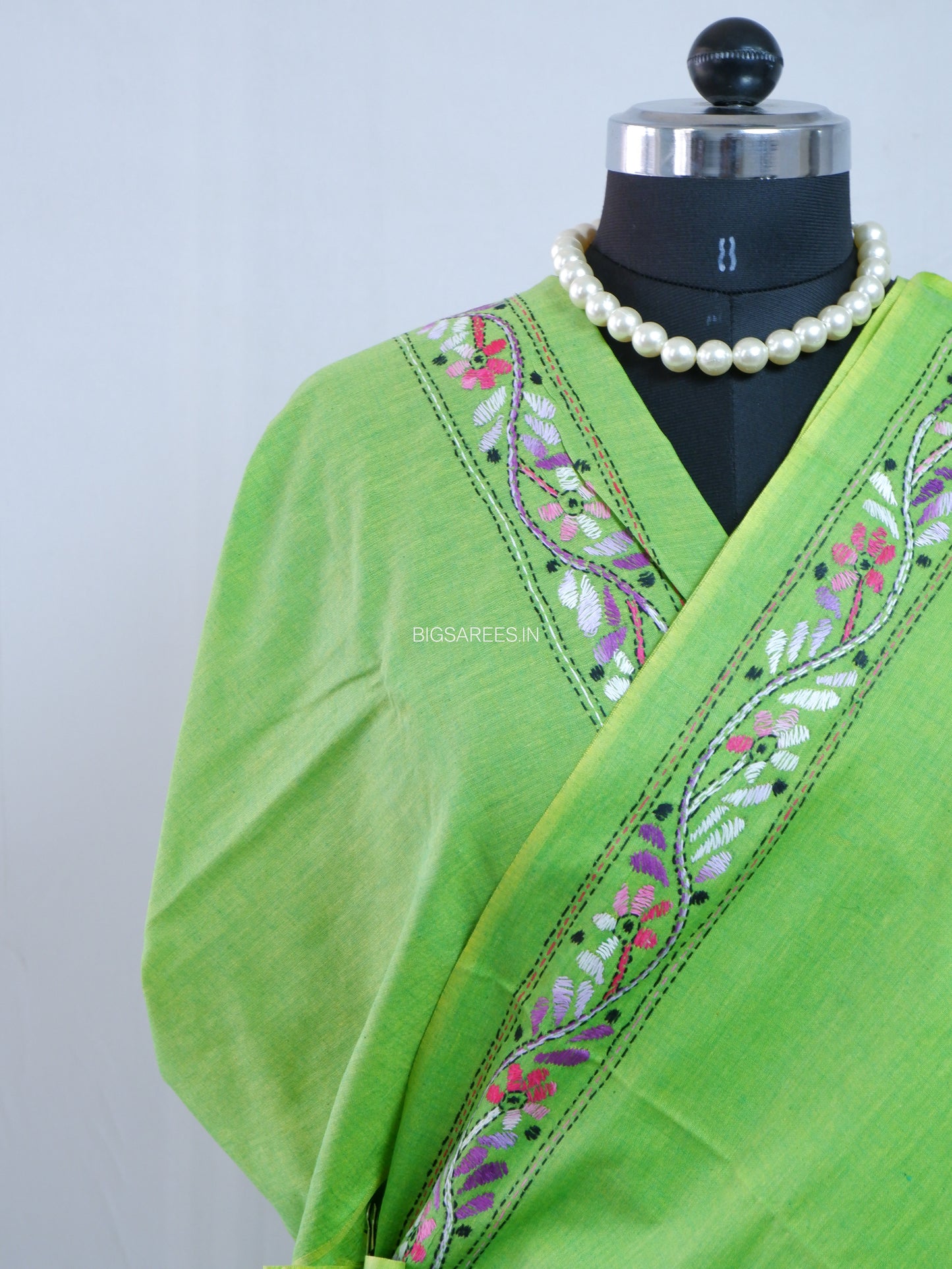 Kantha Hand-Embroidered Saree | Pure Khadi Cotton | Parrot Green