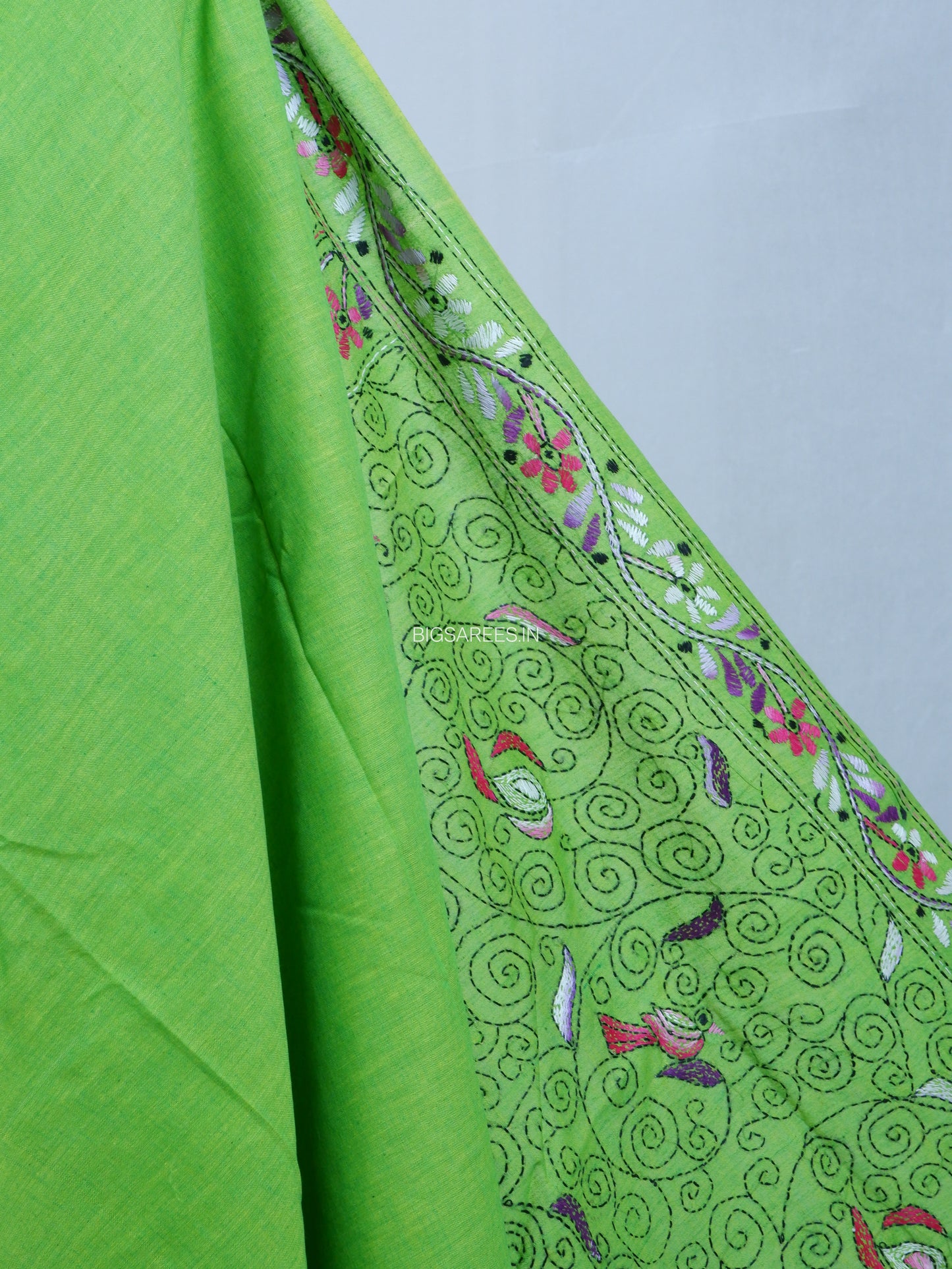 Kantha Hand-Embroidered Saree | Pure Khadi Cotton | Parrot Green
