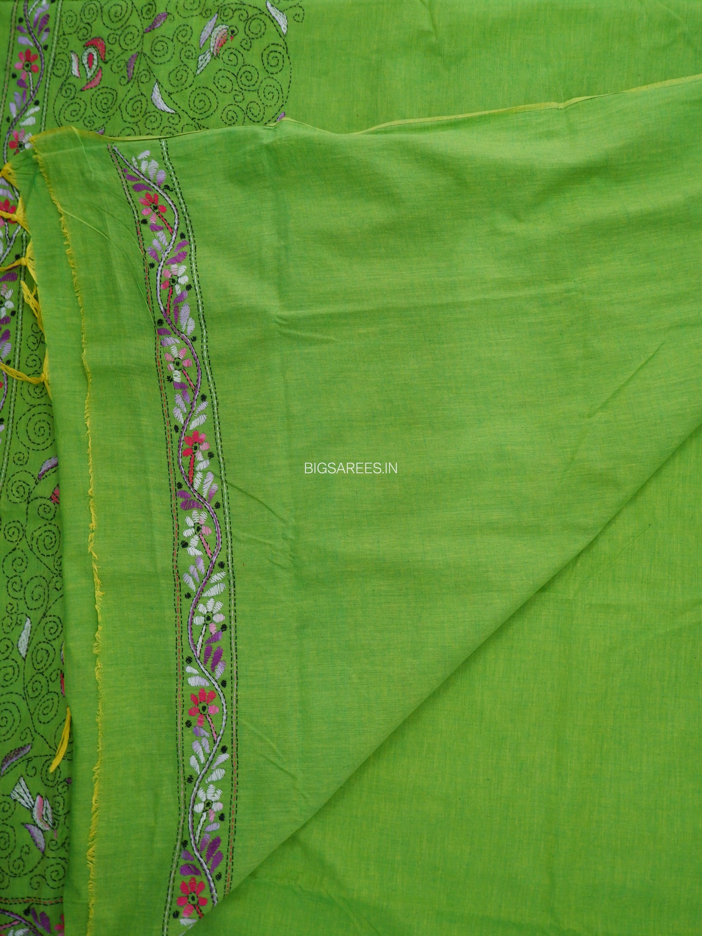 Kantha Hand-Embroidered Saree | Pure Khadi Cotton | Parrot Green