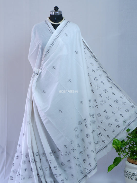 Kantha Hand-Embroidered Saree | Pure Mal Mal Cotton | White