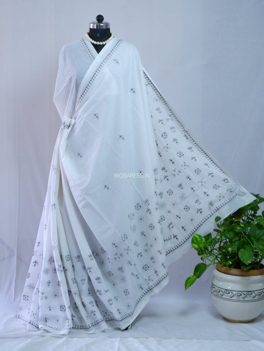 Kantha Hand-Embroidered Saree | Pure Mal Mal Cotton | White