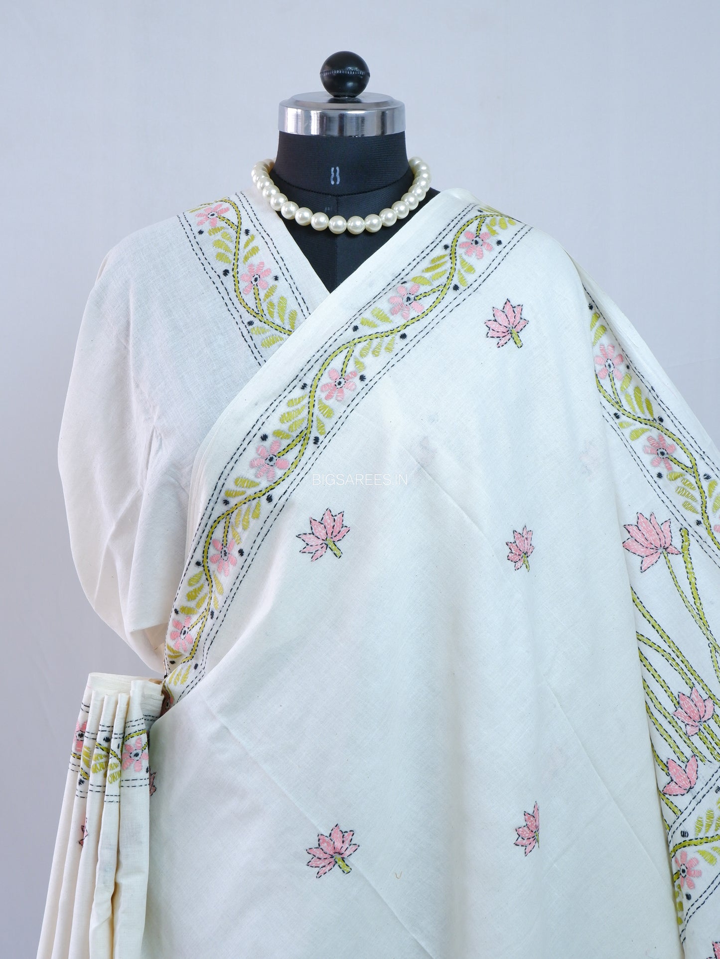 Kantha Hand-Embroidered Saree | Pure Khadi Cotton | White
