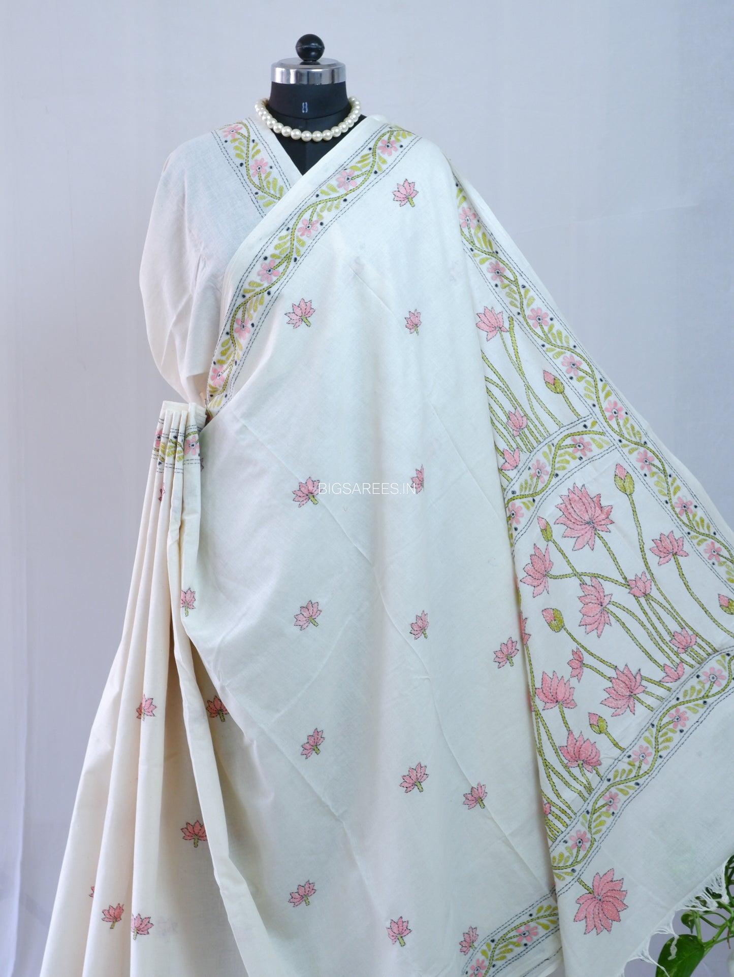 Kantha Hand-Embroidered Saree | Pure Khadi Cotton | White