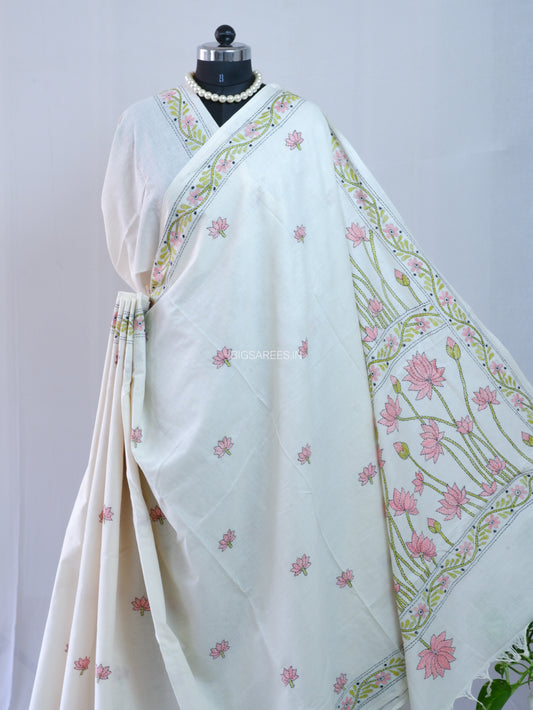 Kantha Hand-Embroidered Saree | Pure Khadi Cotton | White